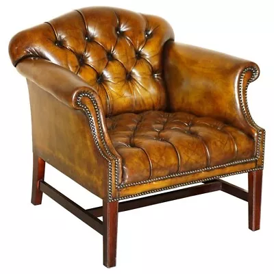 Antique Restored Cigar Brown Leather Chesterfield Tufted Library Armchair • $4624.31