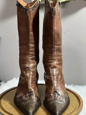 Vera Gomma Italian Leather Boots Western Cowgirl Brown Womens9 EU40Pointy Toe • $49.87