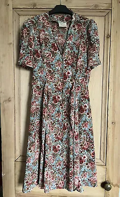 £15 • Buy Charlotte Halton Vintage Floral Print Tea Dress Size 10 Baby Blue And Dusky Pink