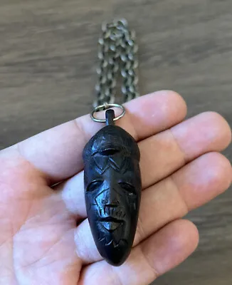 Antique Vintage African Tribal Hand Carved Wooden Mask Head God Pendant Necklace • $17.50