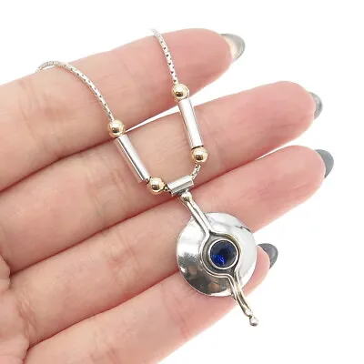 925 Sterling Silver 2-Tone Vintage Blue C Z Modernist Necklace 16  • $59.95