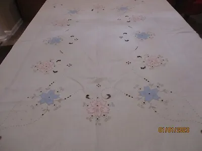 $25 • Buy VTG Linen White Tablecloth & 8 Napkins Applique Pastel Flowers Made In Portugal
