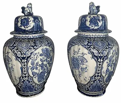 2 Large Royal Sphinx Maastricht Delft Vase Urn Marked Blue White Foo Dog 18.11  • $500