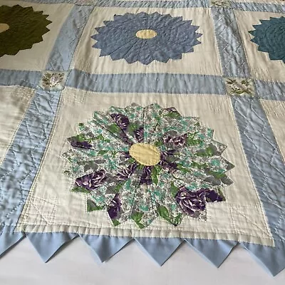 Vintage 1950's  Dresden Plate Quilt Hand Stitched Prairie Points Hand Quilted • $129