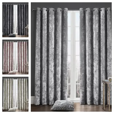 Crushed Velvet Curtains Pair Eyelet Ringtop Ready Made Fully Lined Tie Backs • £24.45