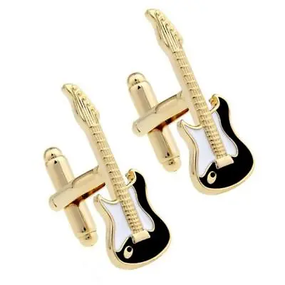 ELECTRIC GUITAR CUFFLINKS Black Enamel Gold Plate Music Musician NEW W GIFT BAG • $10.95