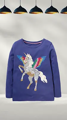 Ex Mini Boden Girl's Superstitch T-shirt In Starboard Blue Unicorn (A Bit Defect • £8.99