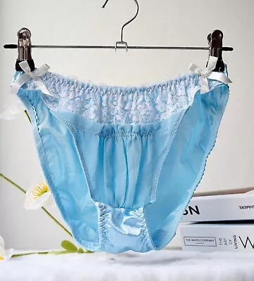 Vintage Shiny Baby Blue Nylon Panties Cute White Lace Bikini Stretch Briefs Sz.6 • $25.69