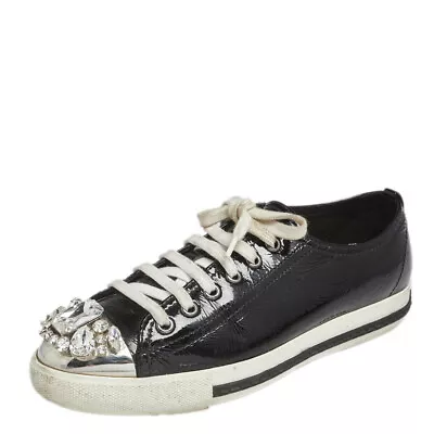 Miu Miu Black Patent Leather Crystal Embellished Low Top Sneakers Size 37.5 • $140.70