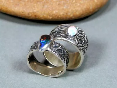 Australian Opal Ring Set Sterling Silver Mens And Women Black And White Opal • $569.41