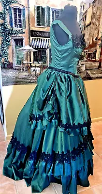 Vintage Style 80s Green Taffeta Black Lace Southern Belle Prom Steampunk Gown 10 • $79.99