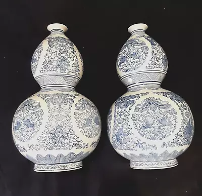 Vintage Chinese Porcelain Vase Lamp Blue And White Gourd • $113.16