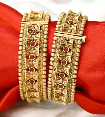 Indian Matte Gold Plated Ruby Stone Kada Bangles Adjustable Openable Bangles 2pc • £19.75