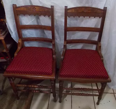 Pair Of Solid Walnut Burl Inlay Eastlake Carved Dinette Chairs  (PR25) • $499