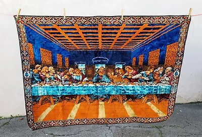 Vtg 70s Large Last Supper Tapestry Rug Velvet Jesus Wall Hanging Floor DaVinci • $57.99