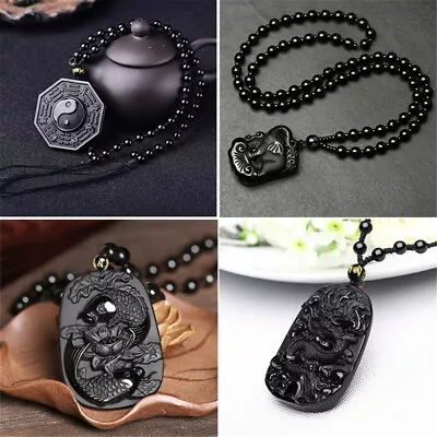 Natural Obsidian Hand Carved Amulet Lucky Pendant Beads Unisex Amulet Necklace • £7.69