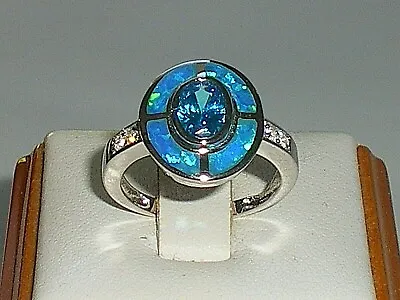 Ladies Art Deco Sterling 925 Solid Silver Opal Sapphire & Aquamarine Target Ring • £28.35