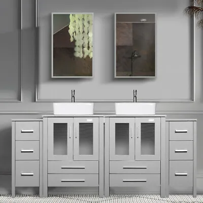 72  Bathroom Vanity Set Gray Ceramic Double Vessel Sink Faucet Mirror Combo • $989.99