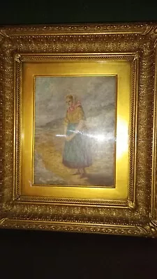 Antique Oil Painting On Canvas In Gilt Frame Girl By The Sea 19th C  (early?) • £44