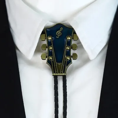 Mens Bolo Tie Vintage Western Cowboy GUITAR Alloy Necklace PU Rope Party Wedding • $12.99