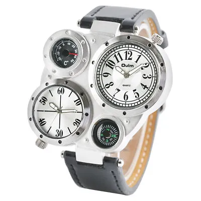 Oulm Men's Military Watch Oversize Leather Band Dual Time Zone Steampunk Watches • $16.69