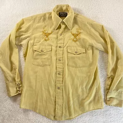 Bordertown Western Wear Shirt Mens Medium Yellow Embroidered Bull Pearl Snap VTG • $21.99