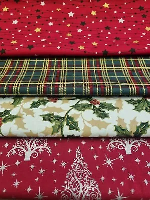 £2.99 • Buy Christmas Fabric Material 100% Cotton Trees Holly Stars Per Metre CLEARANCE