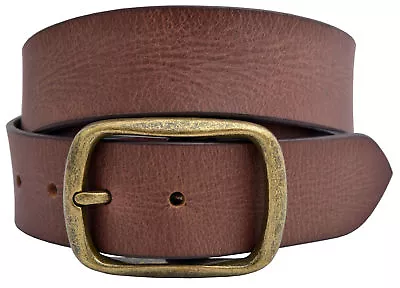 Vintage Full Grain Buffalo Solid Leather Belt W/Gold Finish Center Bar Buckle • $32.95