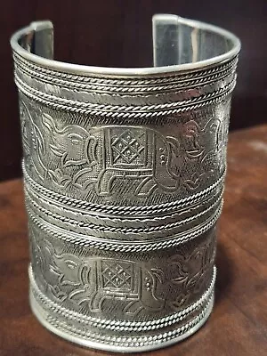Vintage Silver Elephant Embossed Large Banjara Cuff Bracelet Statement  • $25