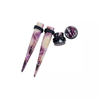 2 Pairs Ear Gauge Tapers Plugs O-rings Acrylic Purple Mauve Marble Design • $19.55