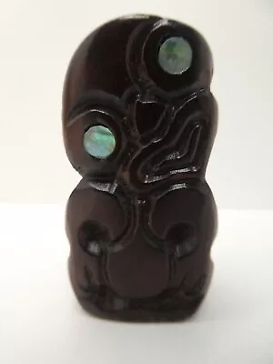 Small Carved Wooden Tiki Statue New Zealand Maori Paua Shell Eyes  - Hole To Top • $18.92