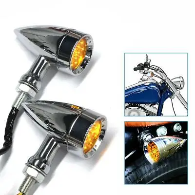 2x Amber Motorcycle LED Chrome Bullet Brake Running Turn Signal Tail Lights 10mm • $24.09