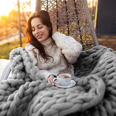 Sofa Throw Bed Throw Chunky Wooly Hand Cable Knit Throw Blanket Grey 120x150cm • £31.95