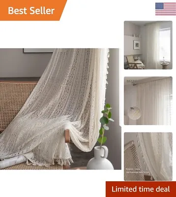 Boho Lace Curtains With Tassel - Vintage Geometric Neutral Curtains - 63 Inch... • $61.99