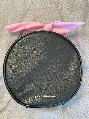 Brand New *MAC* Cosmetic / Make Up Bag. Round Black With Gold Logo + Pink Bow. • £19.99