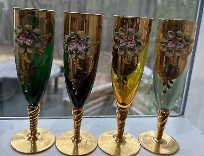 Murano Glass Venetian Floral 24kt Gold Handpainted Champagne Flutes Set Of 4 • $39