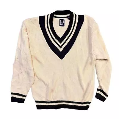 VTG 90s Gap Cream Neck Stripe Tennis Cricket V Neck Sweater Large • $18.36