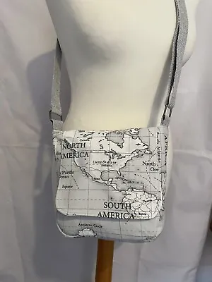 £12 • Buy HANDMADE Small Messenger Bag Grey World Map Fabric TOTALLY UNIQUE BNWT D04