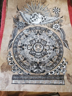 $40 • Buy 15 1/2 X 23  Mexican Folk Art Amate Bark Painting Aztec Bird Calender Sun Eye