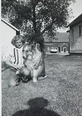 Vintage 1950s Photo Cute Young Girl Kneeling Down In Grass Pet Dog Rough Collie • $7.25