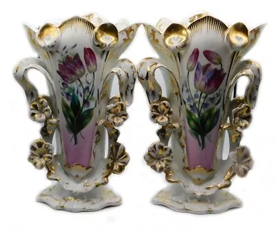 Pair Antique French Vieux Paris Hand-painted Floral Gold Gild  Porcelain Vases • $550