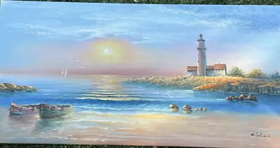 Vintage Oil Painting Seascape Original Sunset Beach M Gartland 24”x 48” • $149