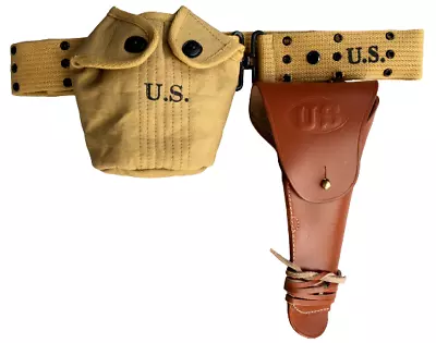 M1936 Canvas Pistol Belt With M1911 Colt Holster And Canteen Bottle Set-TAN • $47.49