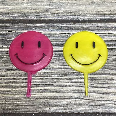 Vintage Plastic Smiley Face Cupcake Toppers Pink Yellow 2.5” Lot Of 2  • $17.99