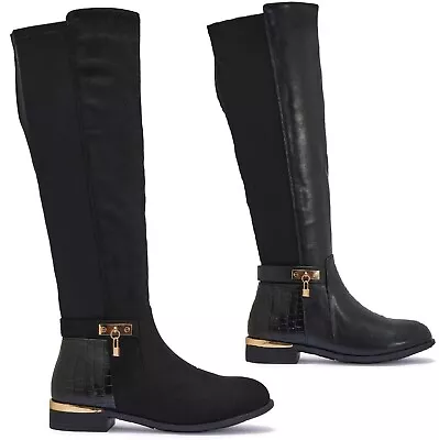 Ladies Womens Fashion Buckle Knee High Stretch Calf Leg Zip Flat Heel Boots Size • £24.95