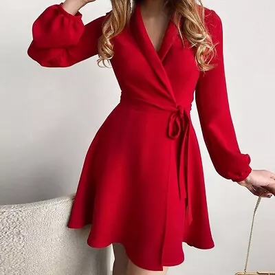 $24.29 • Buy New Women Long Sleeve Ol Office Work Floral V Neck Mini Dress Wrapped Dresses