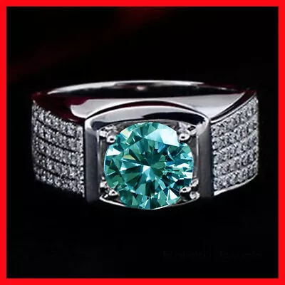 2.78 Ct Vvs1 Vivid Blue Round Moissanite Wedding Men's Ring 925 Silver Size 9 • $0.99