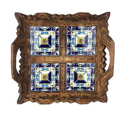 Vintage Mexican Ceramic Tile Carved Wood Tray Blue Yellow Tiles • $29.99