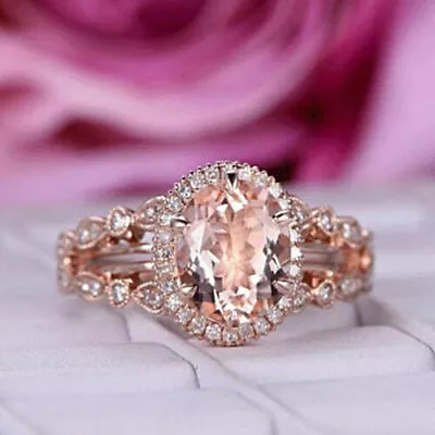 Oval Cut 2Ct Simulated Morganite 14k Rose Gold Plated Halo Engagement Ring Women • $79.79
