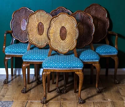 6x Edwardian Dining Chairs Walnut Frame Rattan Back With Lions Paw Feet • £525